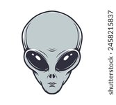 Illustration of alien head in engraving style. Design element for emblem, poster, card, banner, badge. Ufo. Vector illustration