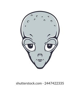 Illustration of alien head in engraving style. Design element for emblem, poster, card, banner, badge. Ufo. Vector illustration