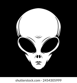 Illustration of alien head in engraving style. Design element for emblem, poster, card, banner, badge. Ufo. Vector illustration