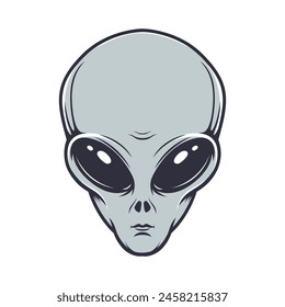 Illustration of alien head in engraving style. Design element for emblem, poster, card, banner, badge. Ufo. Vector illustration