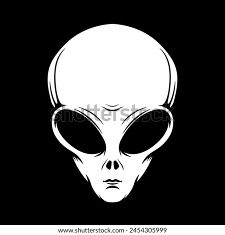 Illustration of alien head in engraving style. Design element for emblem, poster, card, banner, badge. Ufo. Vector illustration