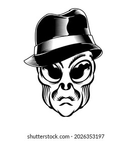 Illustration of Alien head with hat for logo badge design vector element