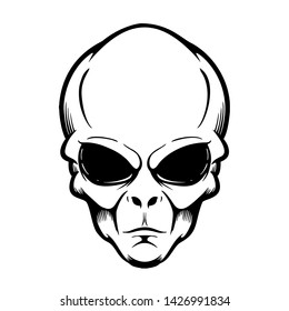 Illustration of alien head isolated on white. Design element for logo, label, sign, poster, flyer. Vector illustration