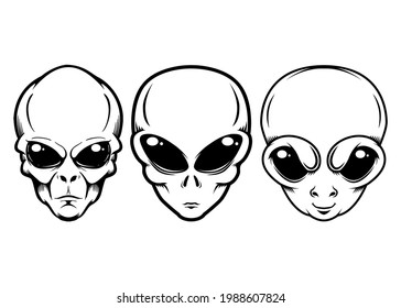 Illustration of alien head in monochrome style. Design element for logo, label, sign, emblem, poster. Vector illustration