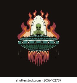 illustration of alien head and ufo with fire for t-shirt design and print