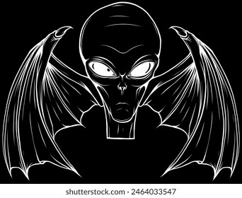 Illustration of alien head in white line on black background