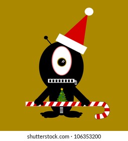 illustration of alien holding candy cane with christmas tattoo on body