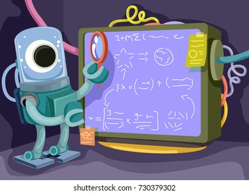 Illustration of an Alien Looking Closely at a Formula on a Board