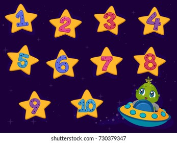 Illustration of an Alien Looking at Stars Numbered from One to Ten