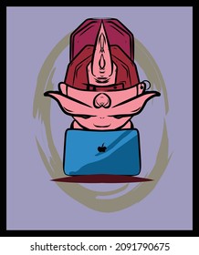 The illustration of an alien playing on a laptop is very good for clothes design and cover designs for children and so on