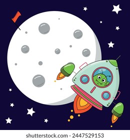An illustration of an alien in a rocket flying near the moon