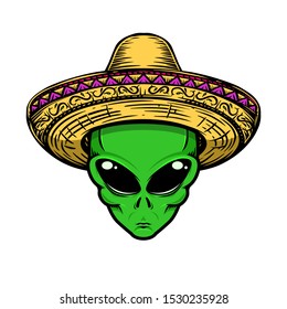Illustration of alien in sombrero isolated on white background. Design element for logo, label, badge, sign. Vector illustration