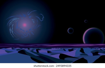 Illustration of an alien in space against the background of planets. to decorate your designs in a fantastic style