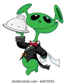 illustration of a alien with a tray