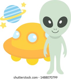 Illustration of alien and UFO.