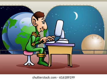 illustration of an alien using computer on star station background