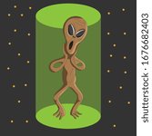 An illustration of alien vector mascot character with surprised face in light beam and space