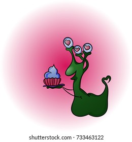 Illustration with a alien who fell in love. Alien are giving a sweet present for him beloved person