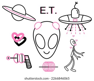 illustration of aliens E.T. , spaceship, planet, outline stickers pack, black and pink, vector graphic