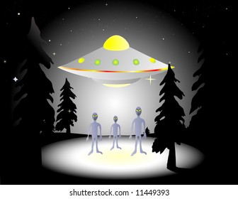 Illustration of aliens and flying saucer in the woods at night