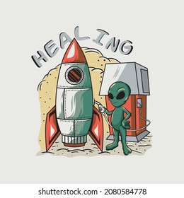 Illustration of aliens refueling spaceship. alien vector with spaceship background and refueling style .Vector cartoon style for t-shirt, sticker, web or poster design