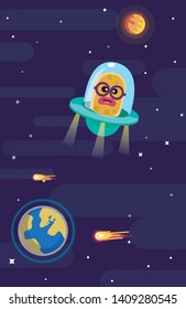 Illustration of aliens and ufo in cartoon style. Smiling peaceful martians