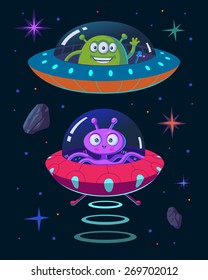 Illustration Of Aliens And Ufo In Cartoon Style. Smiling Peaceful Martians