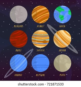 illustration of all planets on cosmic background. solar system set. can be used for posters, greeting cards or party invitation and like stickers