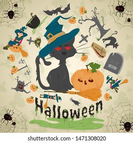 illustration of all saints eve, Halloween, circular ornament at the corners of the web with spiders drawings in the circle placed randomly vector EPS 10
