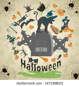 illustration of all saints eve, Halloween, circular ornament at the corners of the web with spiders drawings in the circle placed randomly vector EPS 10