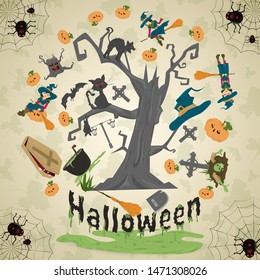 illustration of all saints eve, Halloween, circular ornament at the corners of the web with spiders drawings in the circle placed randomly vector EPS 10