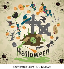 illustration of all saints eve, Halloween, circular ornament at the corners of the web with spiders drawings in the circle placed randomly vector EPS 10