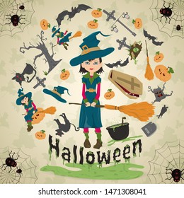 illustration of all saints eve, Halloween, circular ornament at the corners of the web with spiders drawings in the circle placed randomly vector EPS 10