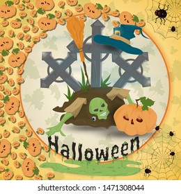 illustration of all saints eve, Halloween, circular ornament at the corners of the web with spiders drawings in the circle placed randomly vector EPS 10