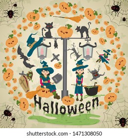 illustration of all saints eve, Halloween, circular ornament at the corners of the web with spiders drawings in the circle placed randomly vector EPS 10