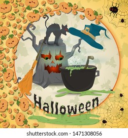 illustration of all saints eve, Halloween, circular ornament at the corners of the web with spiders drawings in the circle placed randomly vector EPS 10
