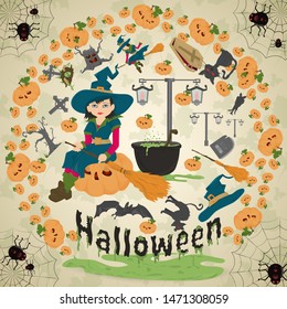 illustration of all saints eve, Halloween, circular ornament at the corners of the web with spiders drawings in the circle placed randomly vector EPS 10