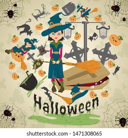 illustration of all saints eve, Halloween, circular ornament at the corners of the web with spiders drawings in the circle placed randomly vector EPS 10