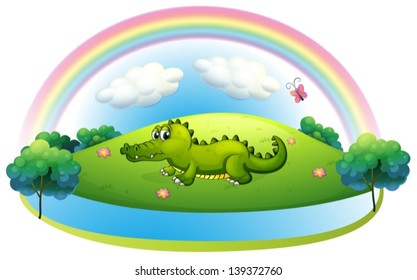 Illustration of an alligator at the hill with a rainbow on a white background