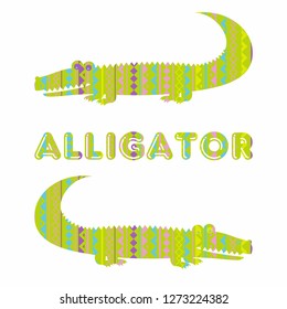 Illustration with alligator. Kids poster. Geometric crocodile pattern.