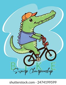 Illustration of alligator riding a bicycle. Children's style art.