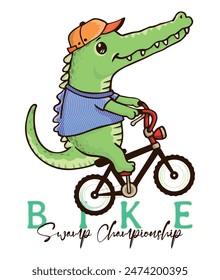 Illustration of alligator riding a bicycle. Children's style art.