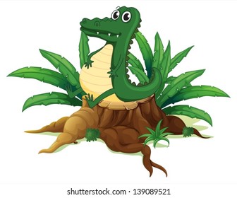 Illustration of alligator sitting above the wood on a white background