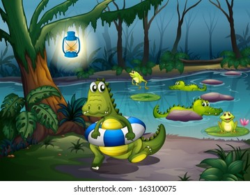 Illustration of the alligators at the pond in the forest