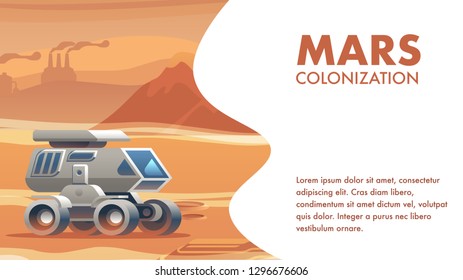 illustration allterrain vehicle sandy surface mars. banner vector mars colonization astronaut. travel to explore new horizon red planet. conquest new world. scientific discovery space. City Silhouette
