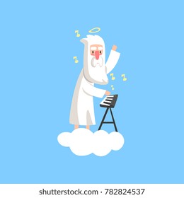 Illustration of almighty bearded god character on fluffy white cloud with halo over his head and playing on synthesizer. Flat religious vector