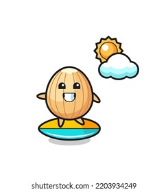 Illustration of almond cartoon do surfing on the beach , cute design
