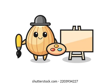 Illustration of almond mascot as a painter , cute design