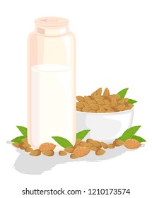 Illustration of Almond Milk on Container with a Bowl of Almonds