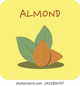 An illustration of almond nuts with leaves and shadow on yellow background